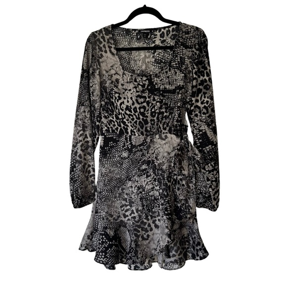 Express Dress Black Grey Snakeskin Leopard Ruffle Long Sleeve Mini Small - Picture 1 of 12